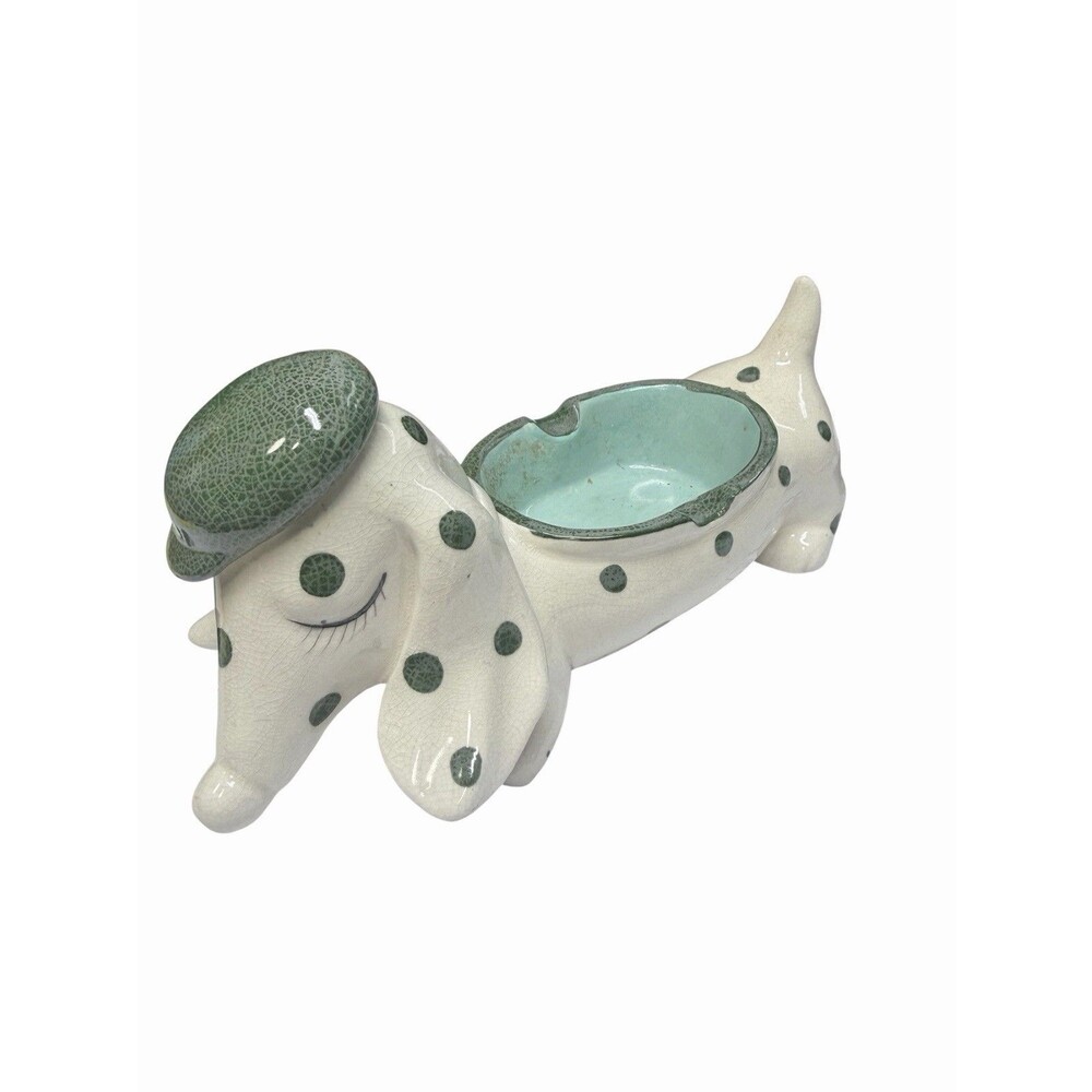 Vintage Whimsical Ceramic Dachshund Dog Ashtray Planter Green Polka Dots Beret